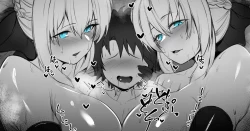 Page 1 of 二人に分裂したモルガンさんの魔乳肉布団に溺れながら徹底的に白いおもらしを搾り取られる4p漫画