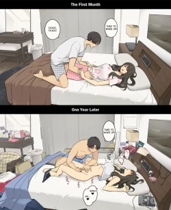 Page 2 of Dousei Seikatsu Ikkagetsume to Ichinen Ato, Asaokite kara Shuushin made no Hikaku | A Day in the Life of a Couple: Their First Month Living Together vs. One Year Later